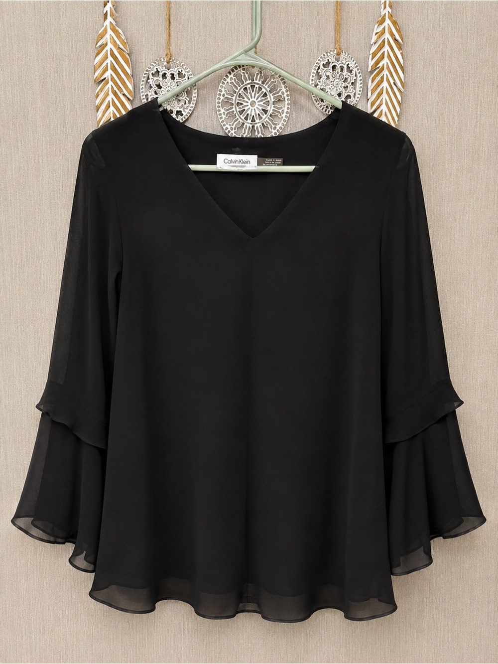 Calvin Klein Black V-Neck Chiffon Bell Sleeve Blouse